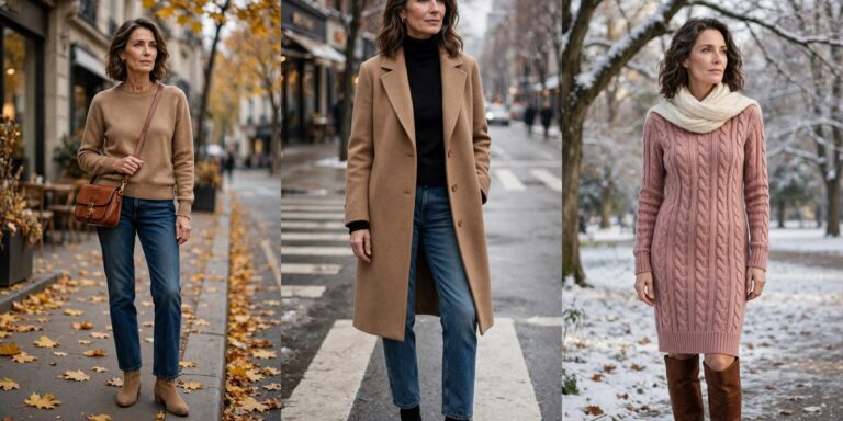 37 sweater outfits for women over 50 collage: camel crewneck, black turtleneck with camel coat, rose sweater dress