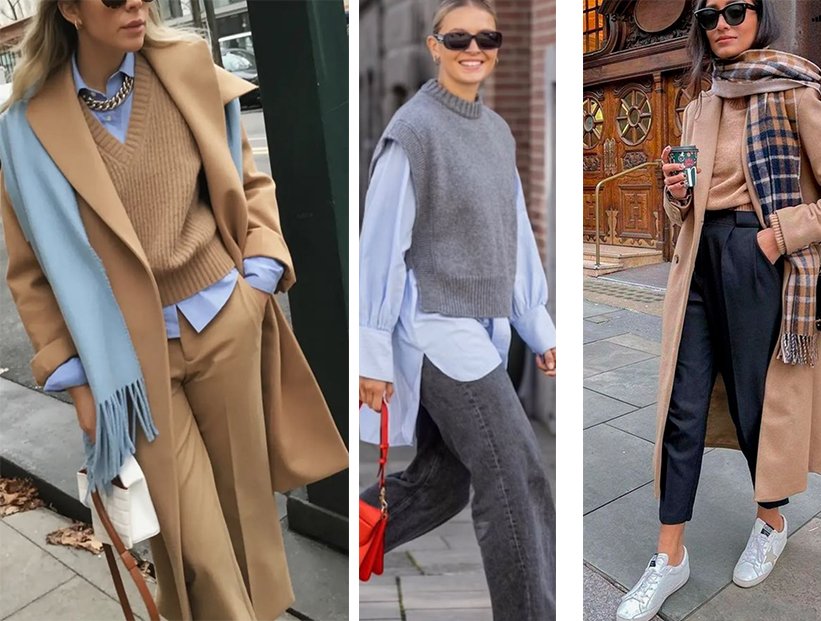 Camel sweater vest layered over turtleneck with grey flannel trousers