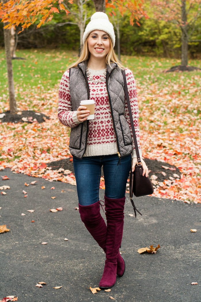Fair Isle patterned sweater vest with chambray shirt and dark jeans outfit
