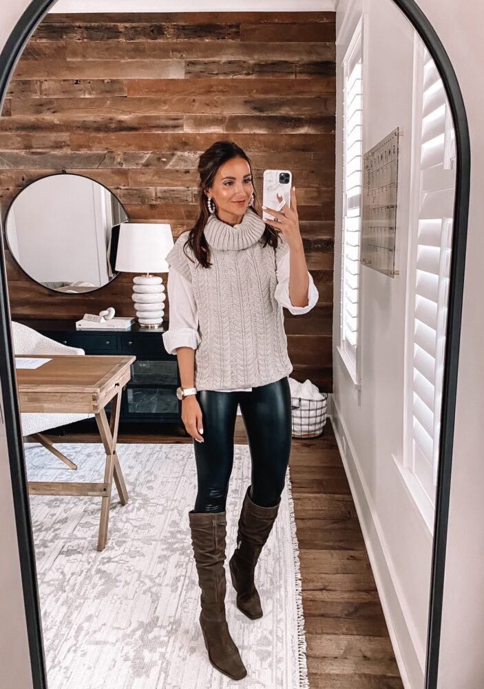 Long oatmeal sweater vest with long sleeve tee and black leggings fall outfit