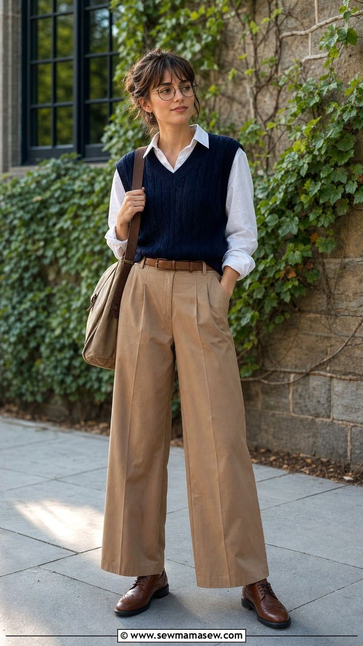Navy V-neck sweater vest over white button-down shirt with camel trousers outfit for women over 50
