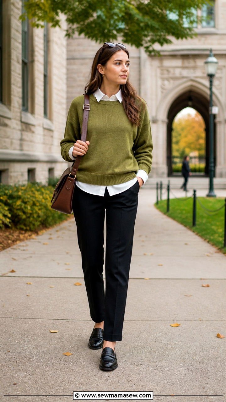 Olive green sweater vest with white tee and cargo trousers casual fall look