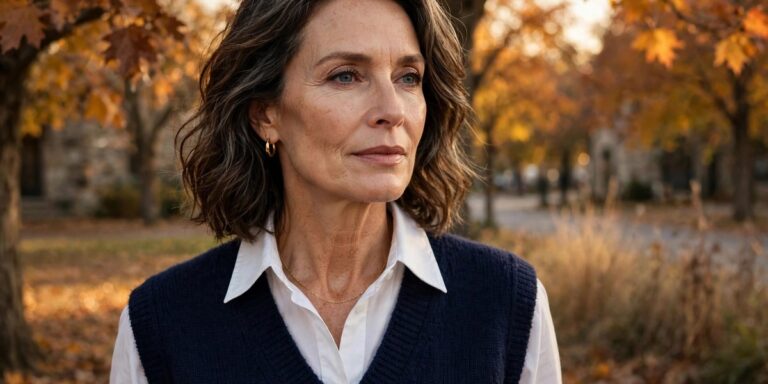 How to wear a sweater vest over 50 - elegant woman in navy vest and white shirt