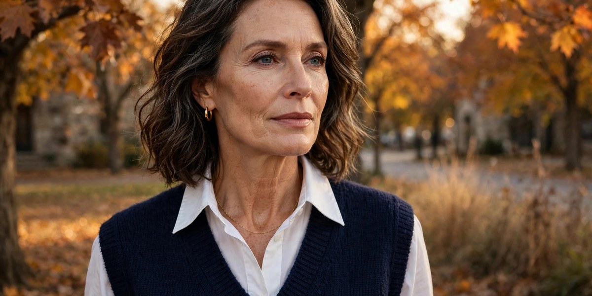 How to wear a sweater vest over 50 - elegant woman in navy vest and white shirt