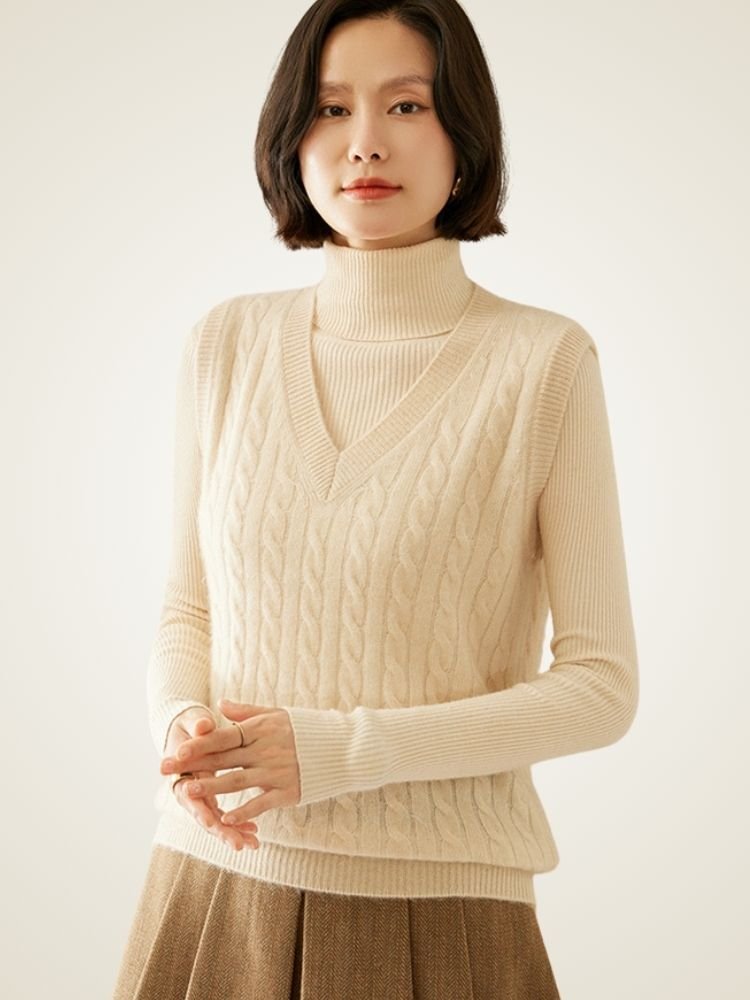 Soft cream knit sweater vest over turtleneck with black ponte trousers comfortable outfit