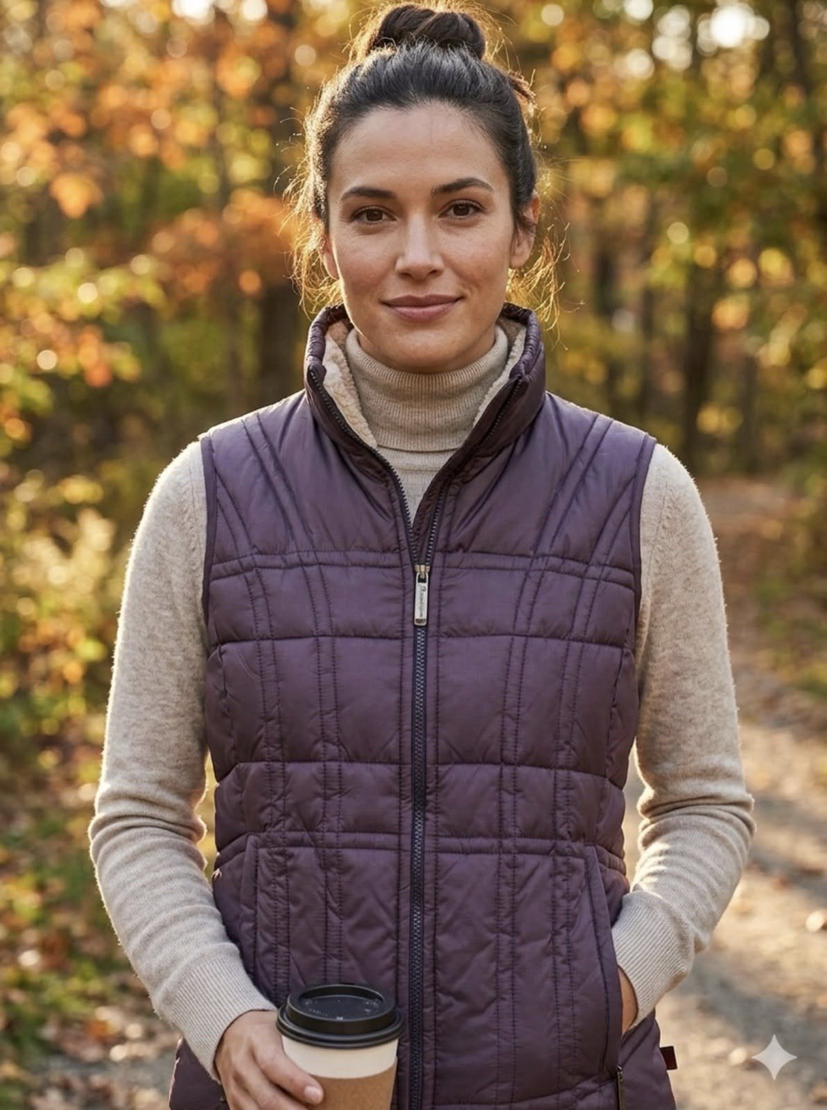 Zip front knit sweater vest with half zip fleece and jeans casual outdoor outfit