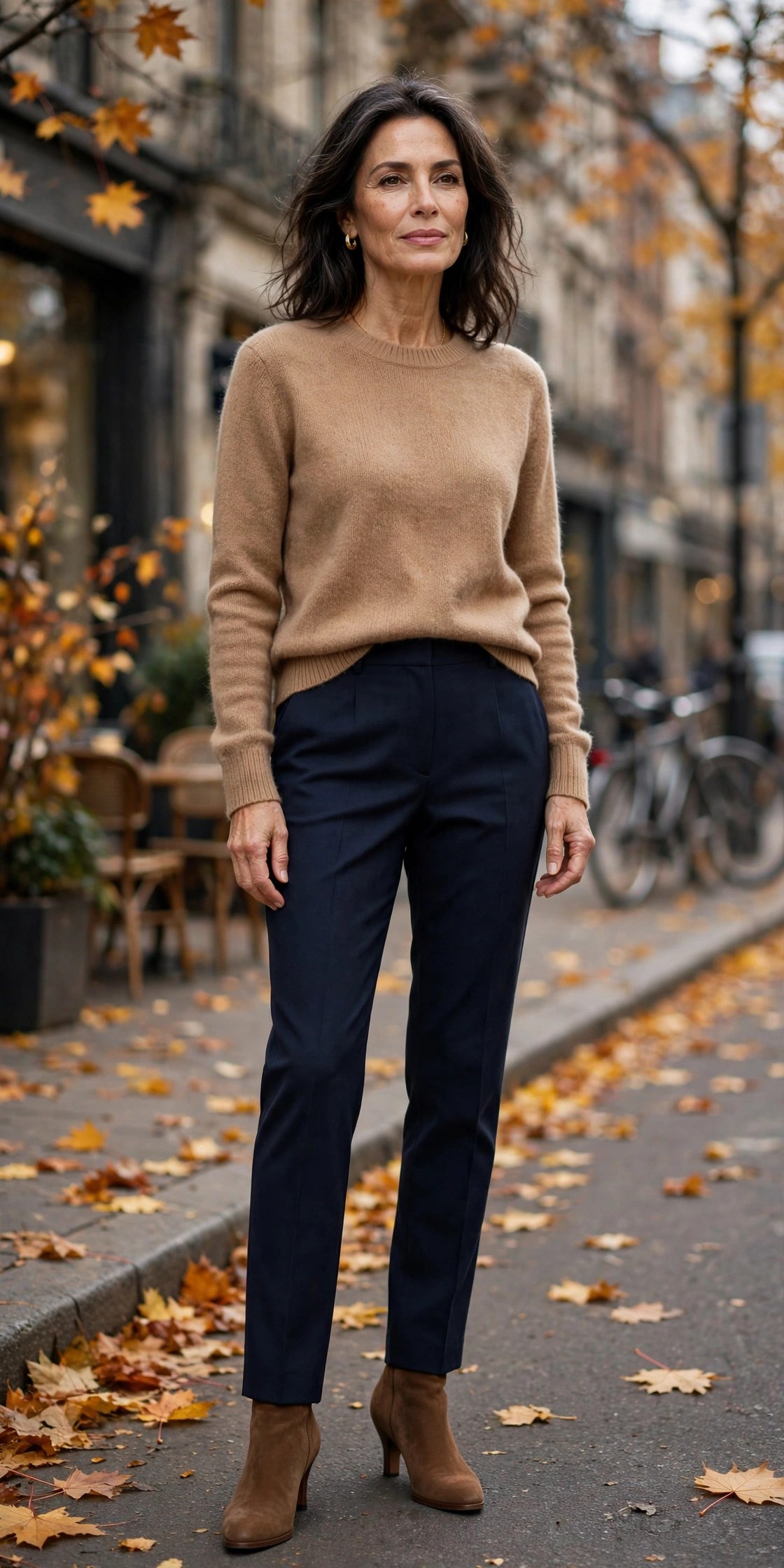 Woman in her 50s wearing a camel knit sweater, navy tailored trousers and heeled ankle boots