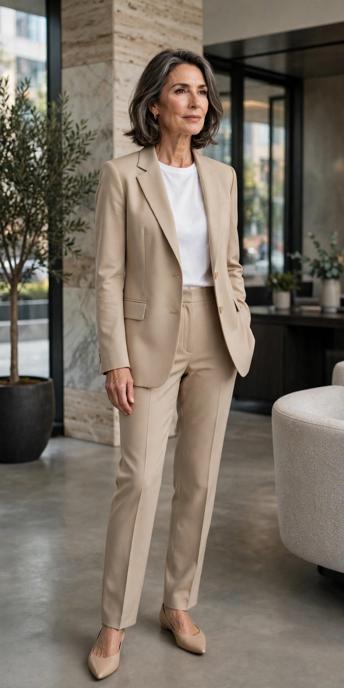 Woman in her 50s wearing a matching beige blazer and tailored trousers power suit