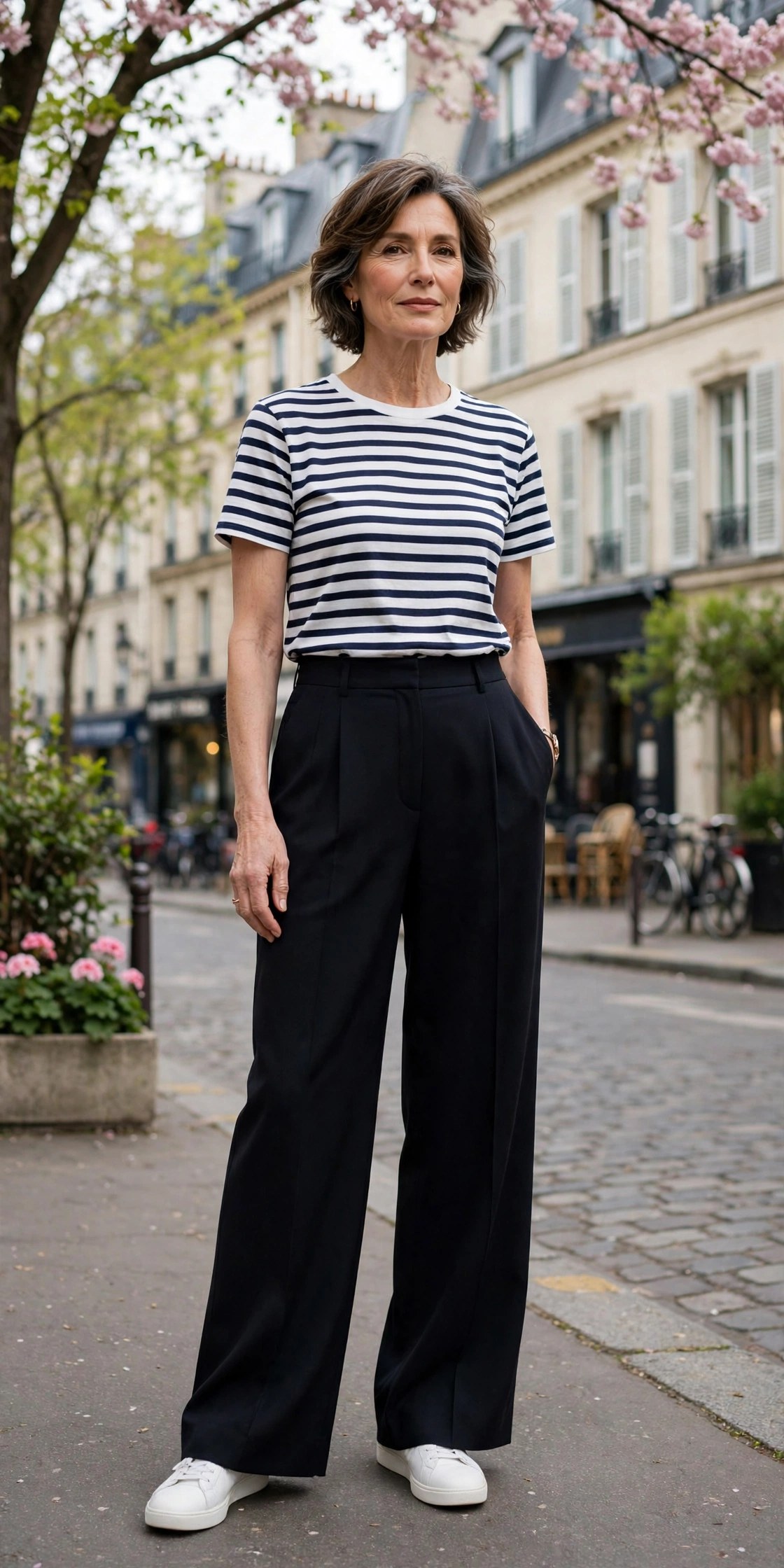 Woman in her 50s wearing a striped Breton tee, wide-leg tailored trousers and white sneakers