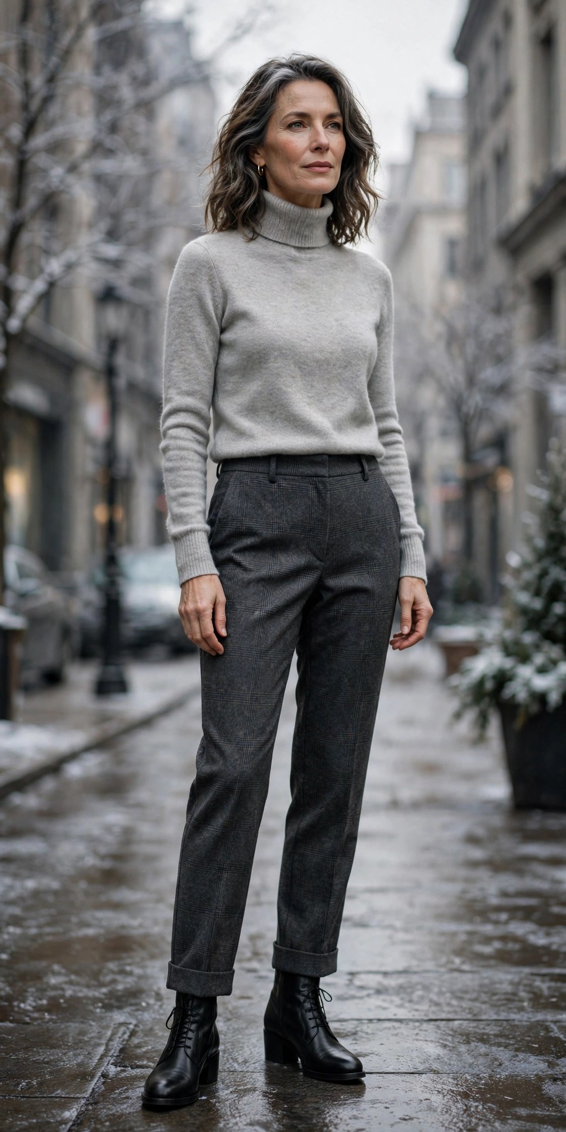 Woman in her 50s wearing a grey turtleneck, grey flannel tailored trousers and boots in winter