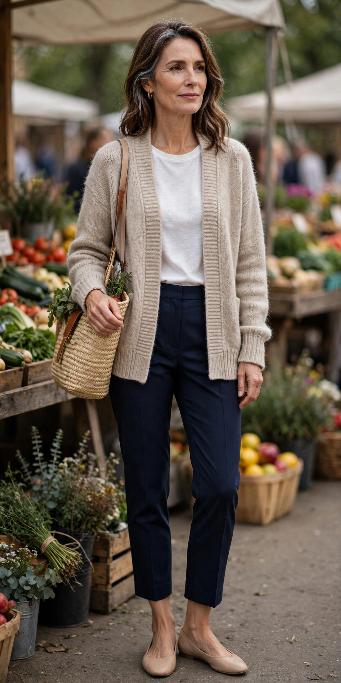 Woman in her 50s wearing a soft cardigan, cropped tailored trousers and ballet flats on the weekend