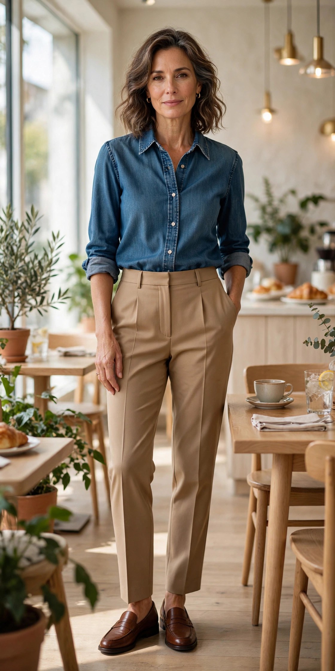 Woman in her 50s wearing a denim shirt, tan tailored trousers and loafers
