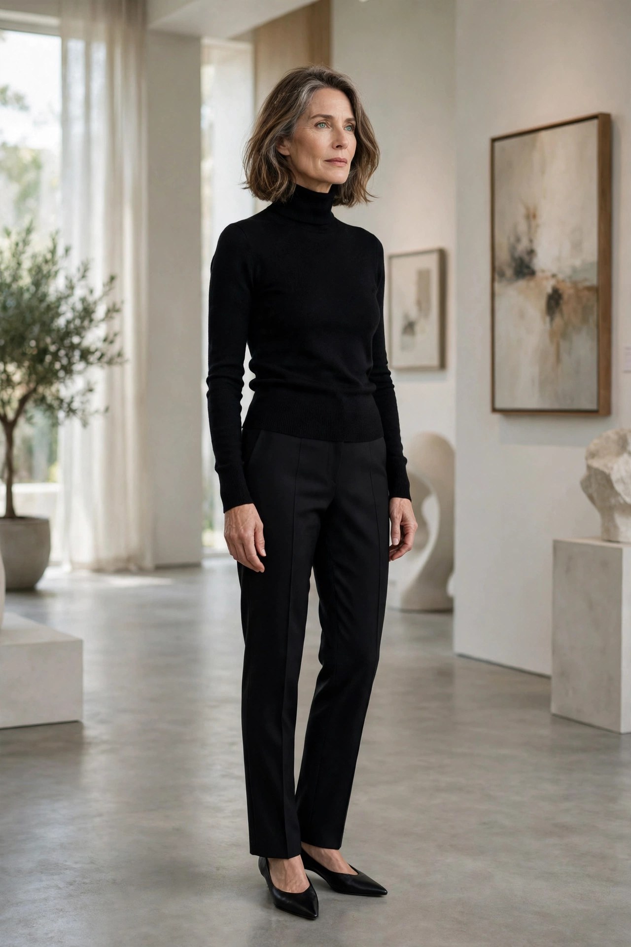 Woman in her 50s wearing a black turtleneck and black tailored trousers in a monochrome outfit