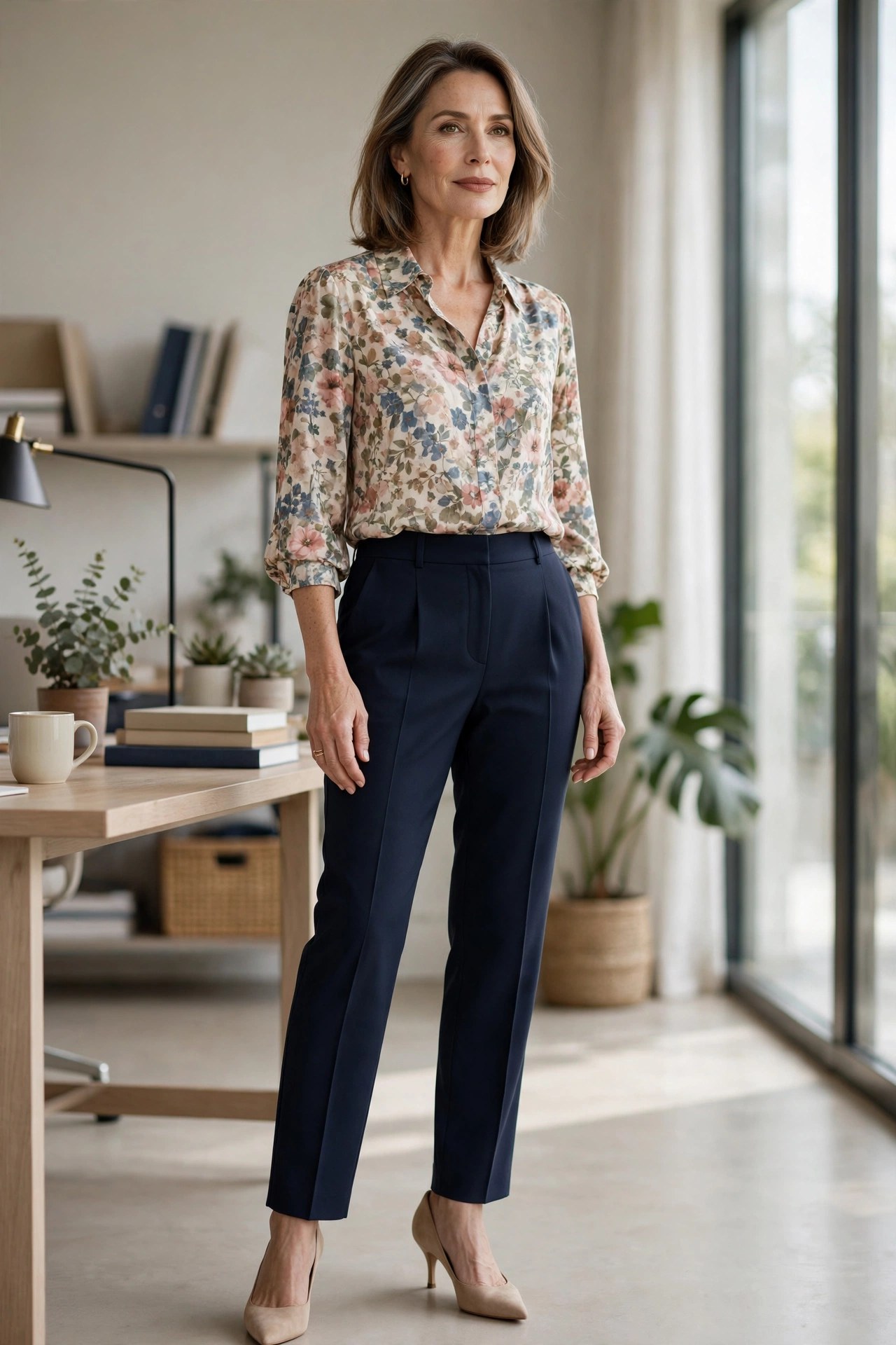 Woman in her 50s wearing a printed floral blouse and solid navy tailored trousers