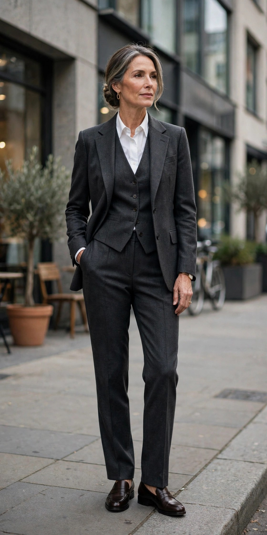 Woman in her 50s wearing a matching waistcoat and tailored trousers three-piece suit