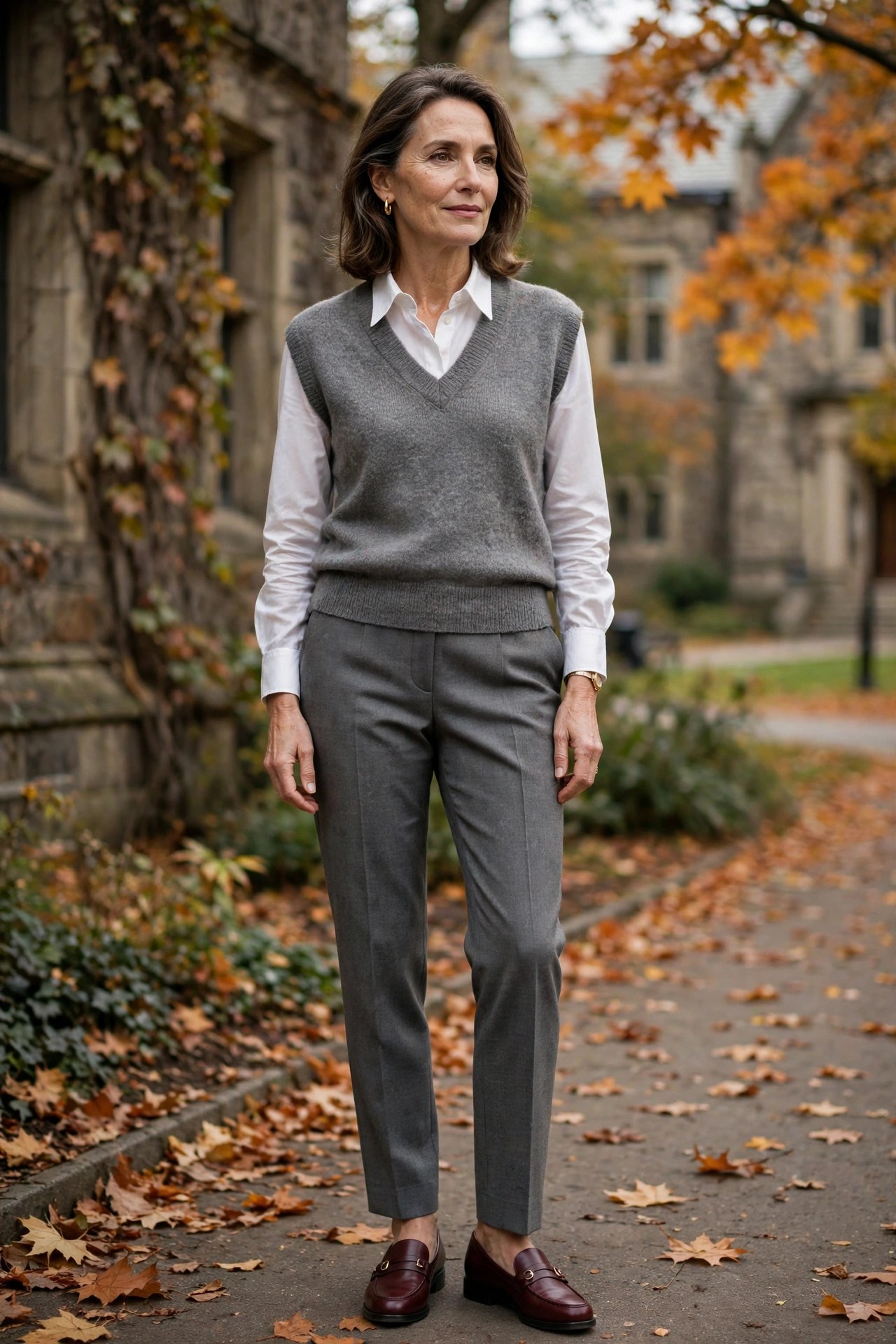 Woman in her 50s wearing a sweater vest, white shirt, tailored trousers and loafers in preppy style
