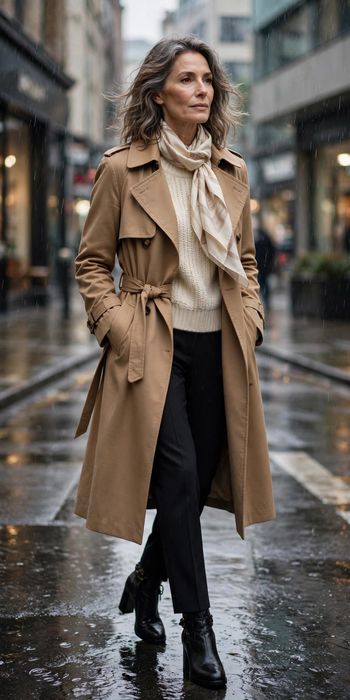 Woman in her 50s wearing a camel trench coat, tailored trousers and a silk scarf in the city