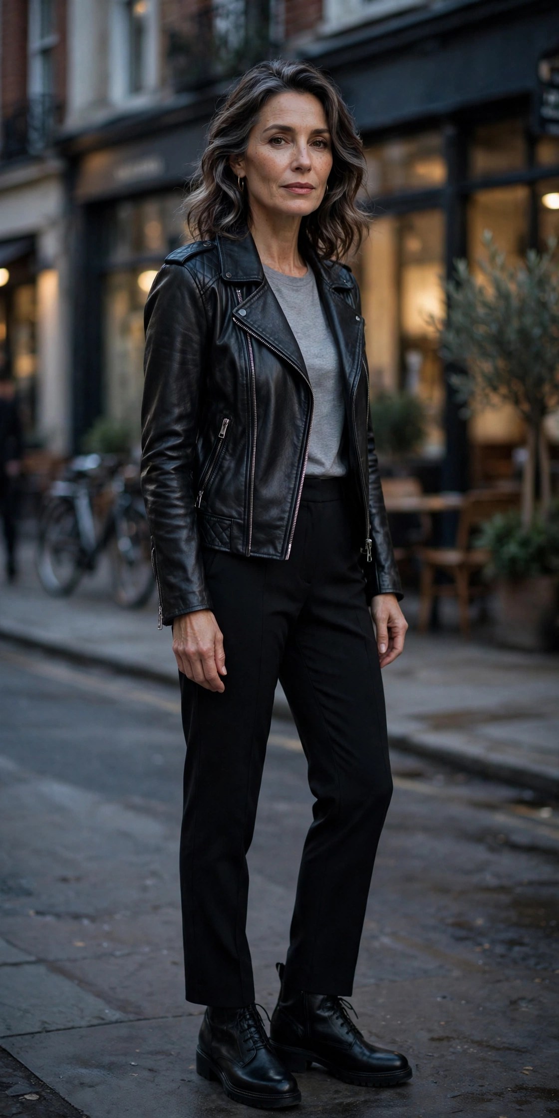 Woman in her 50s wearing a black leather jacket with tailored trousers and ankle boots