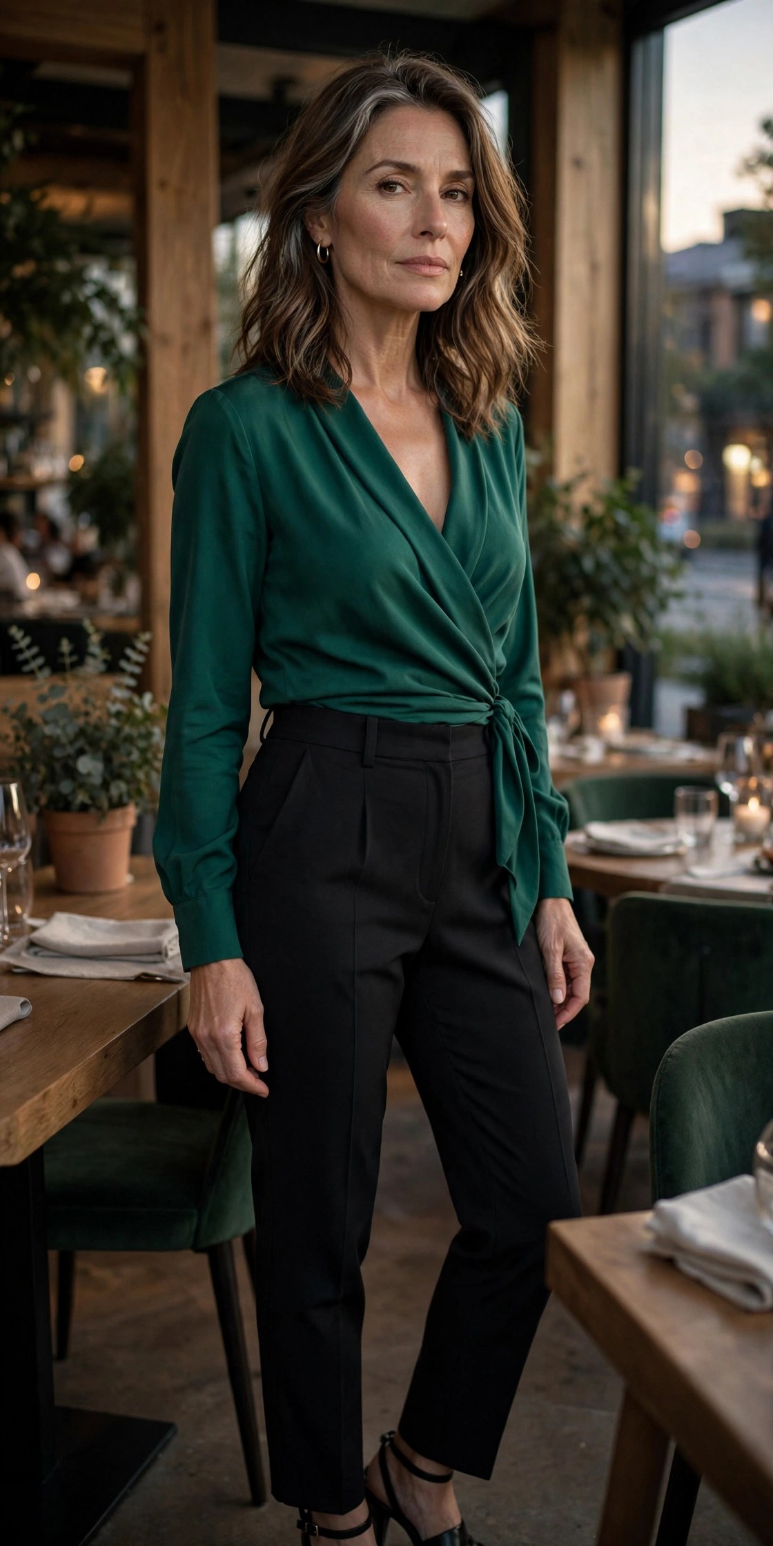 Woman in her 50s wearing a wrap top and high-waisted tailored trousers