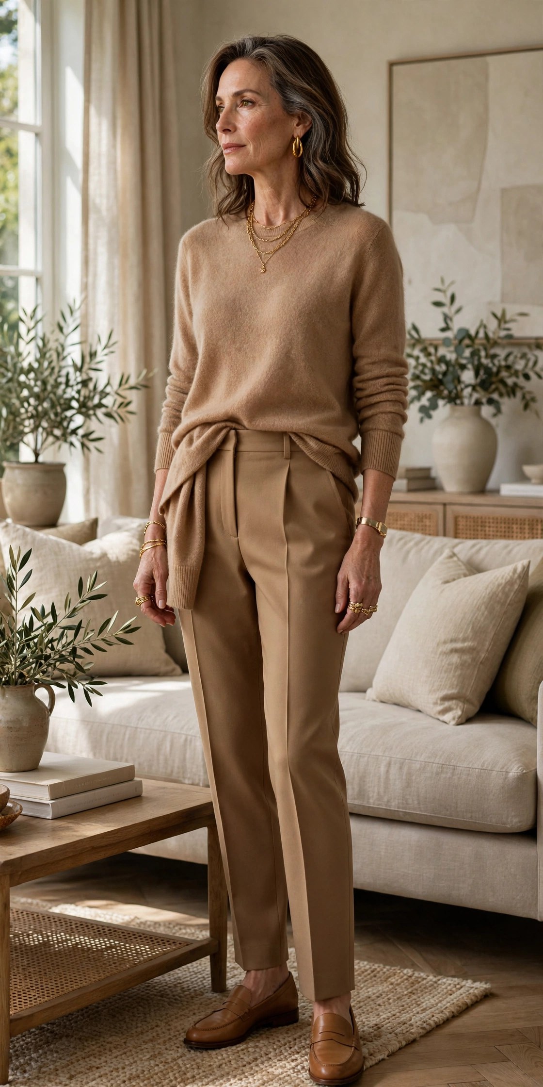 Woman in her 50s wearing a camel cashmere sweater and camel tailored trousers in a tonal outfit