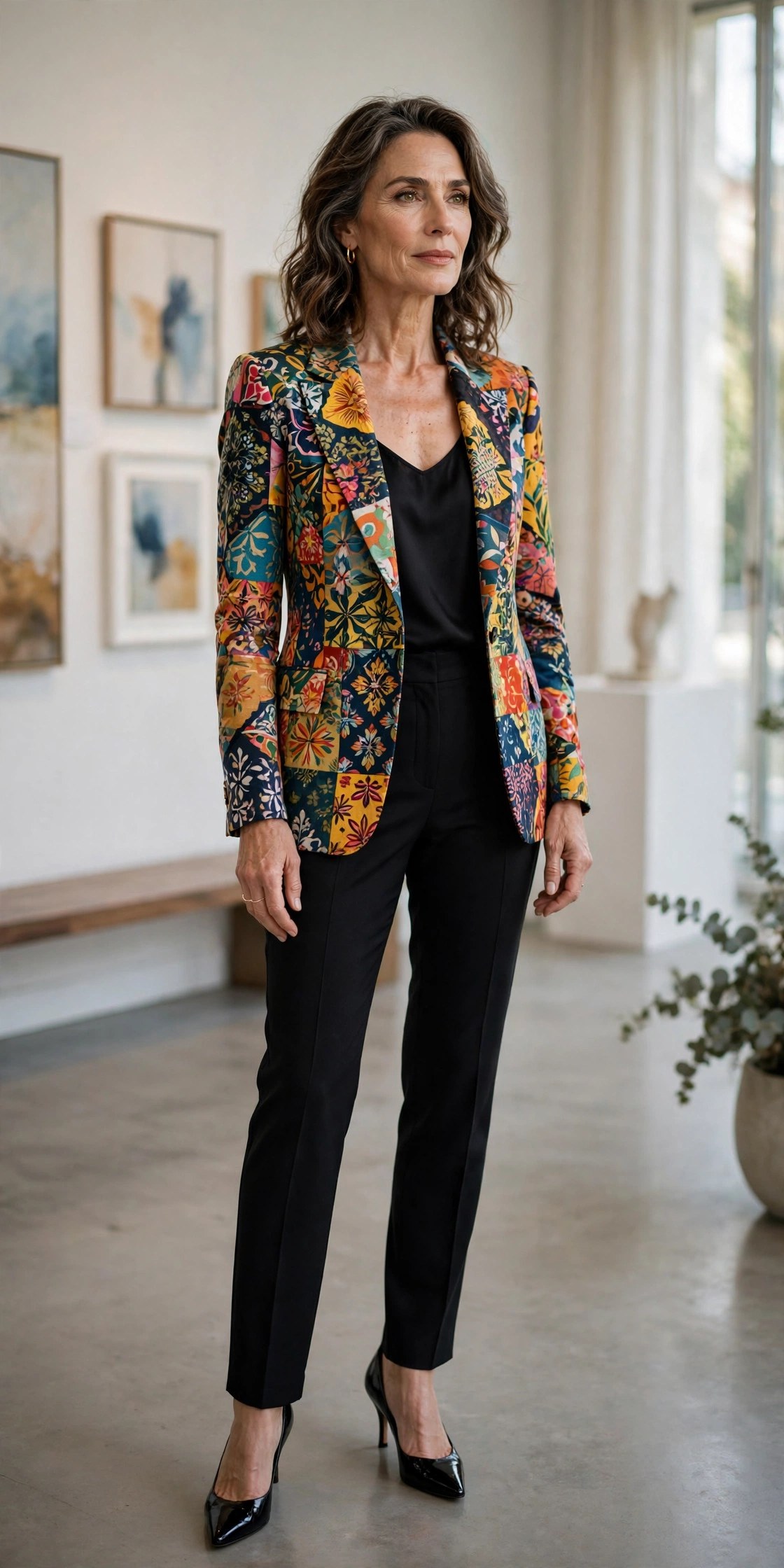 Woman in her 50s wearing a statement patterned blazer with black tailored trousers