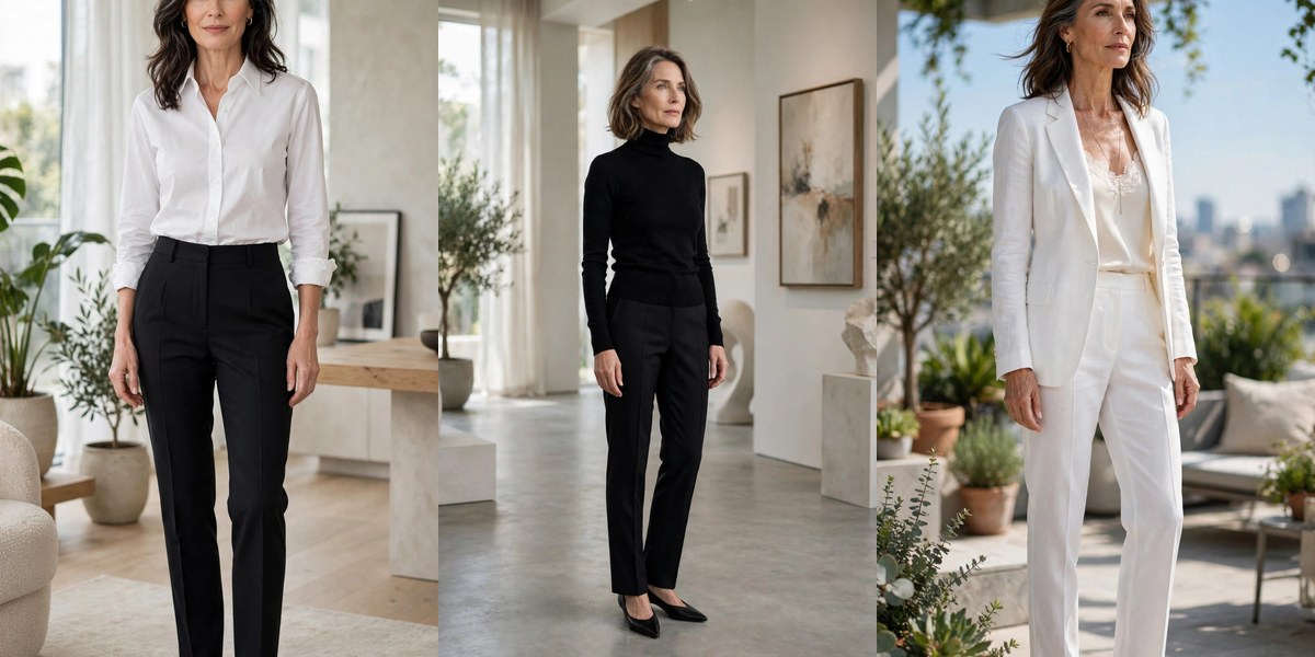 Tailored trousers outfits for women over 50 — effortless looks collage