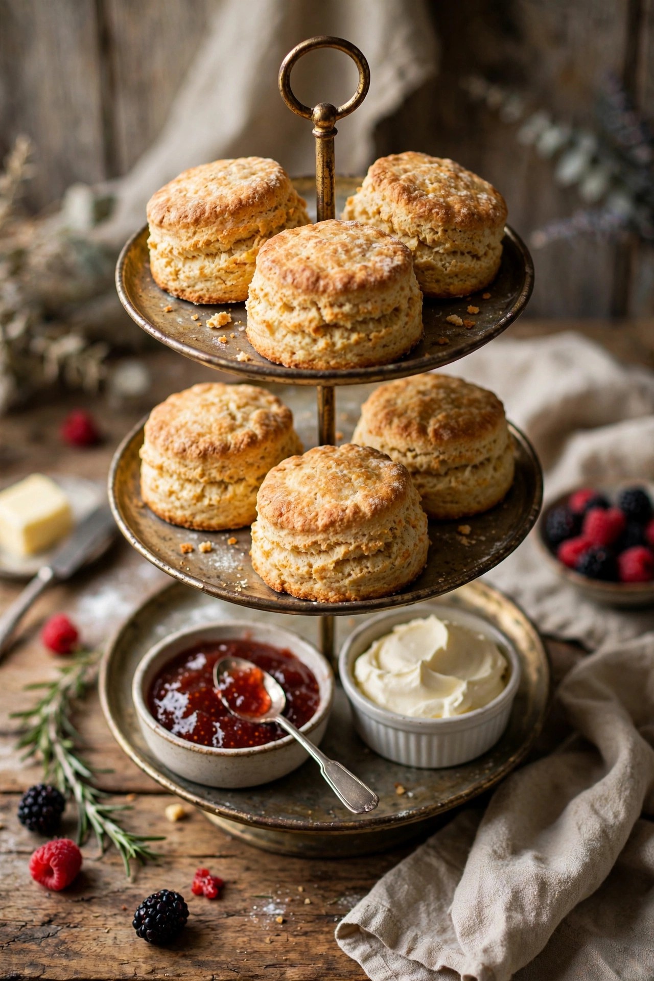Classic buttermilk scones with jam and cream on a tiered stand