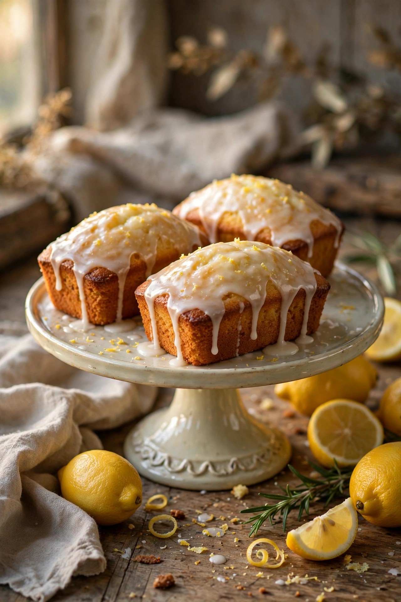 Lemon drizzle mini loaves with glaze on a cake stand