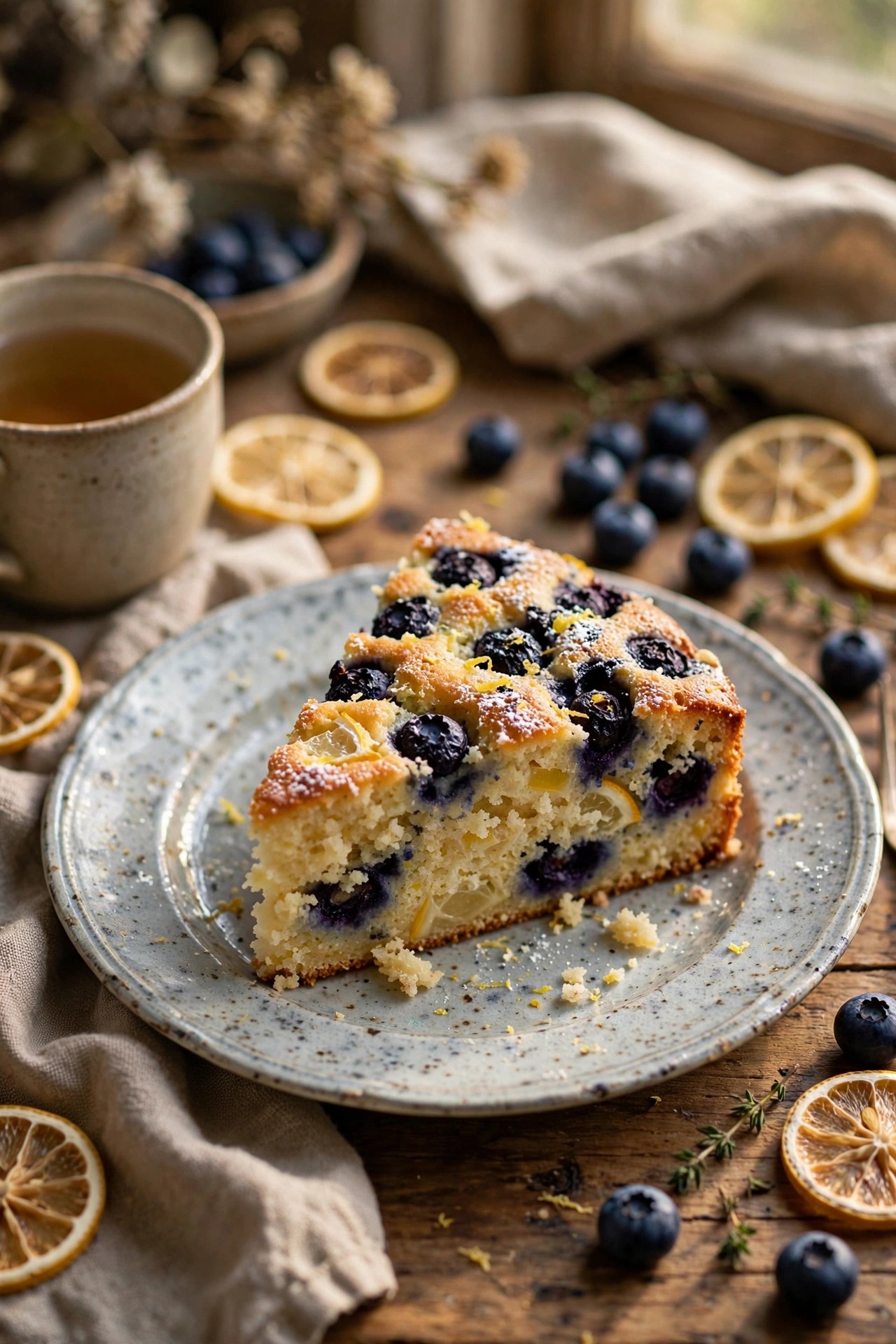 Blueberry and lemon tea cake slice on a vintage plate