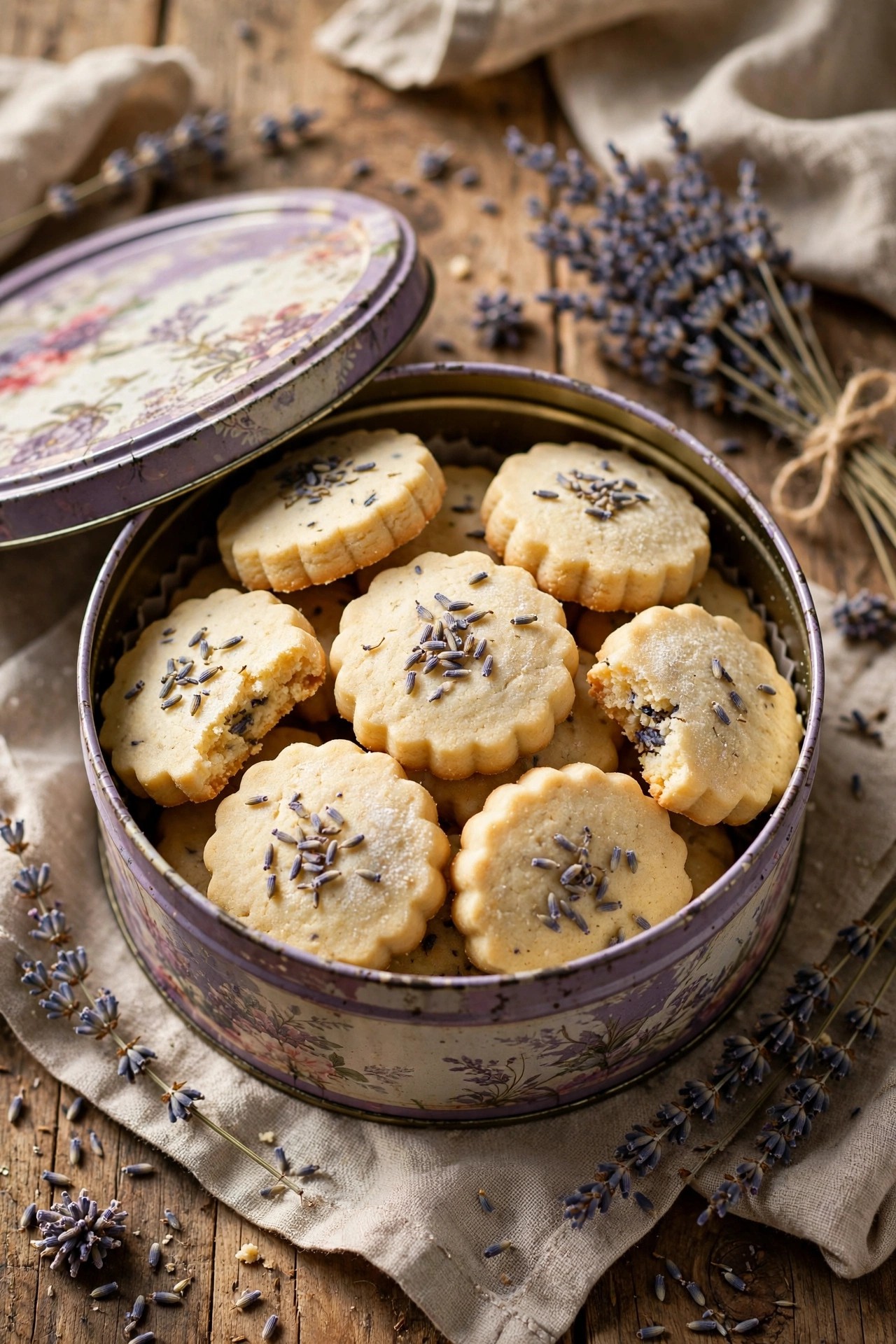 Lavender shortbread cookies in a pretty tin with dried lavender