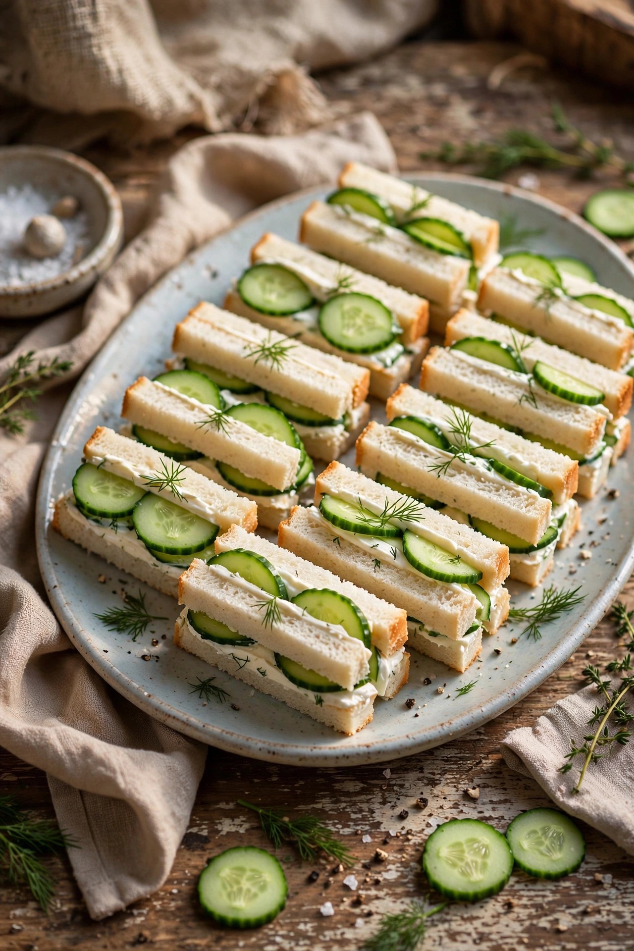 Cucumber finger sandwiches with crusts removed on a platter