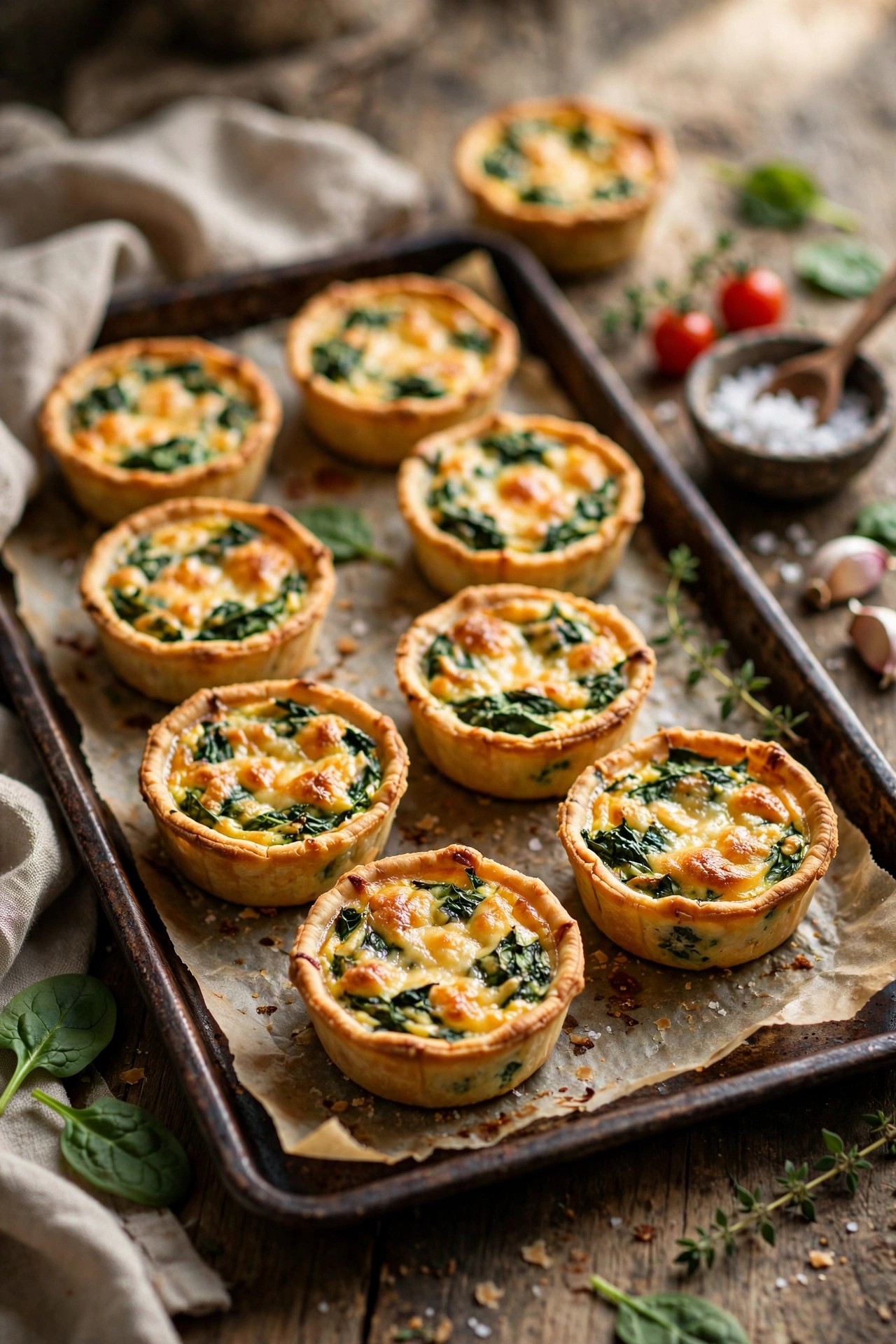 Mini spinach and cheese quiches on a baking tray