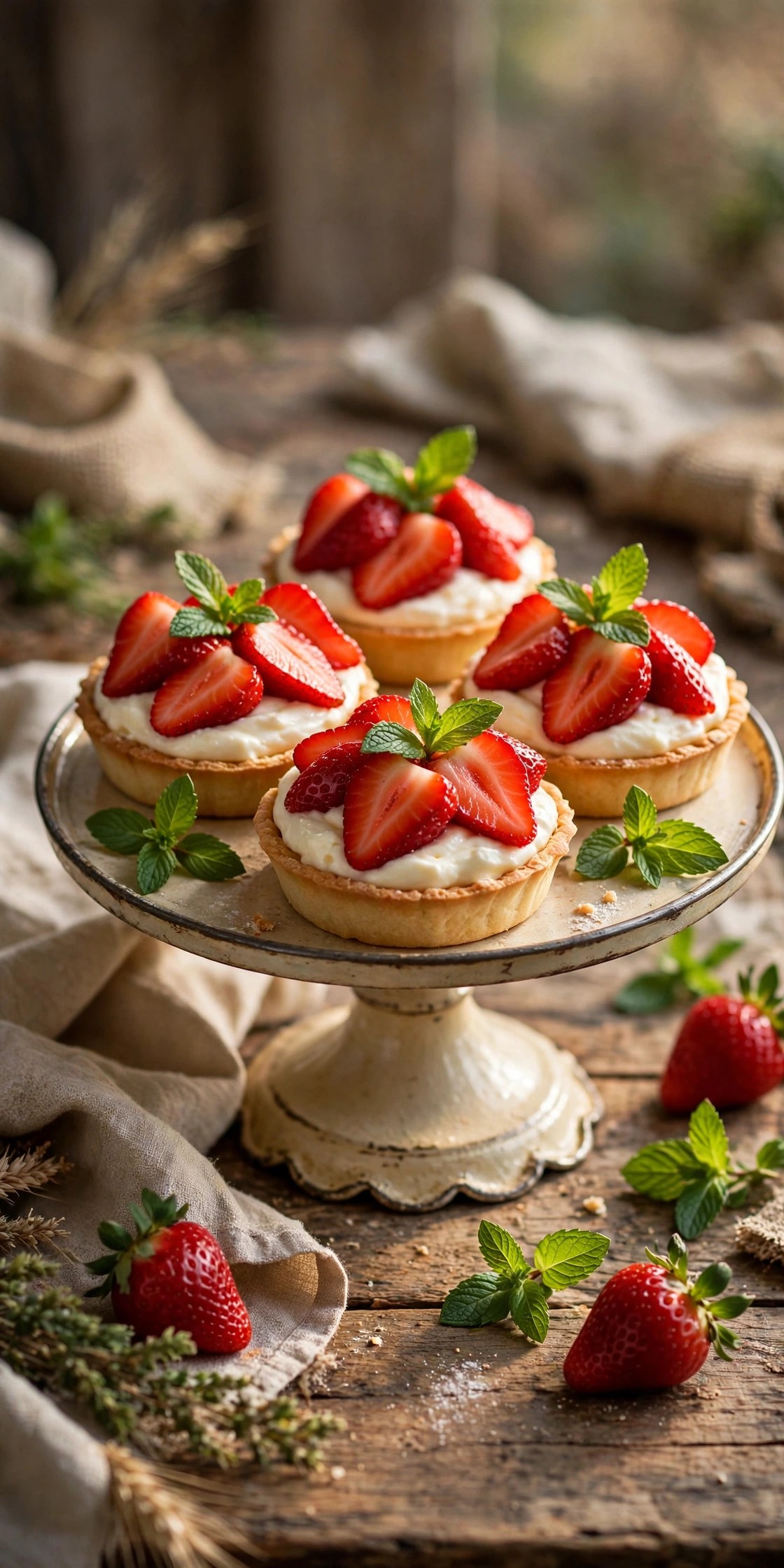 Strawberry and cream tartlets with mint on a cake stand