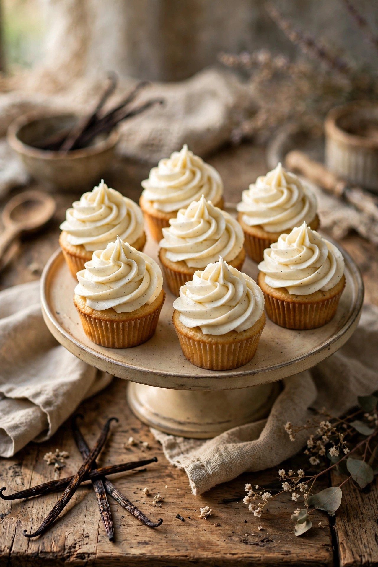 Vanilla bean mini cupcakes with swirl frosting on a stand