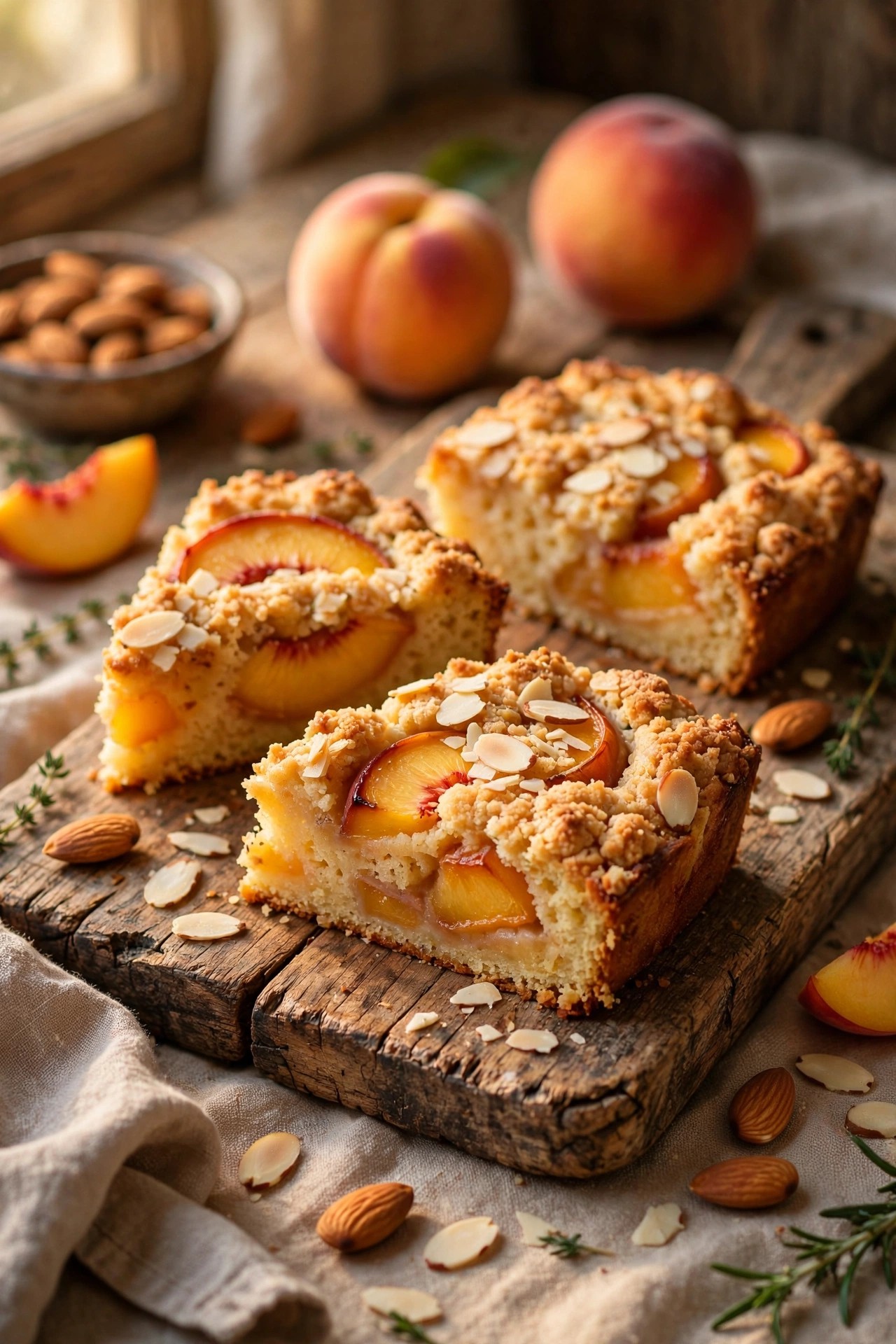 Peach and almond traybake slices on a rustic wooden board