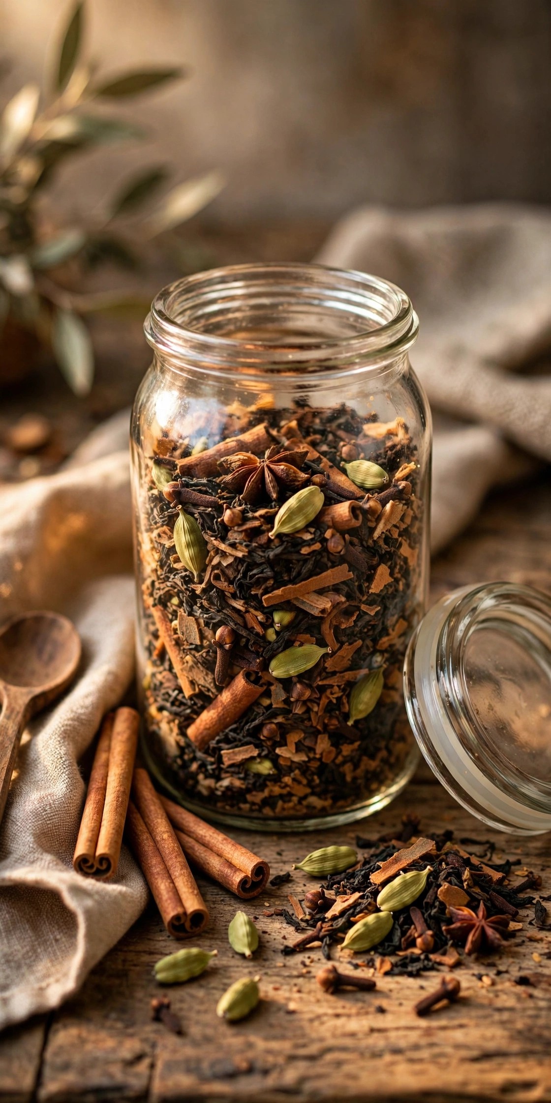 Homemade spiced chai blend in a glass jar with cinnamon and cardamom