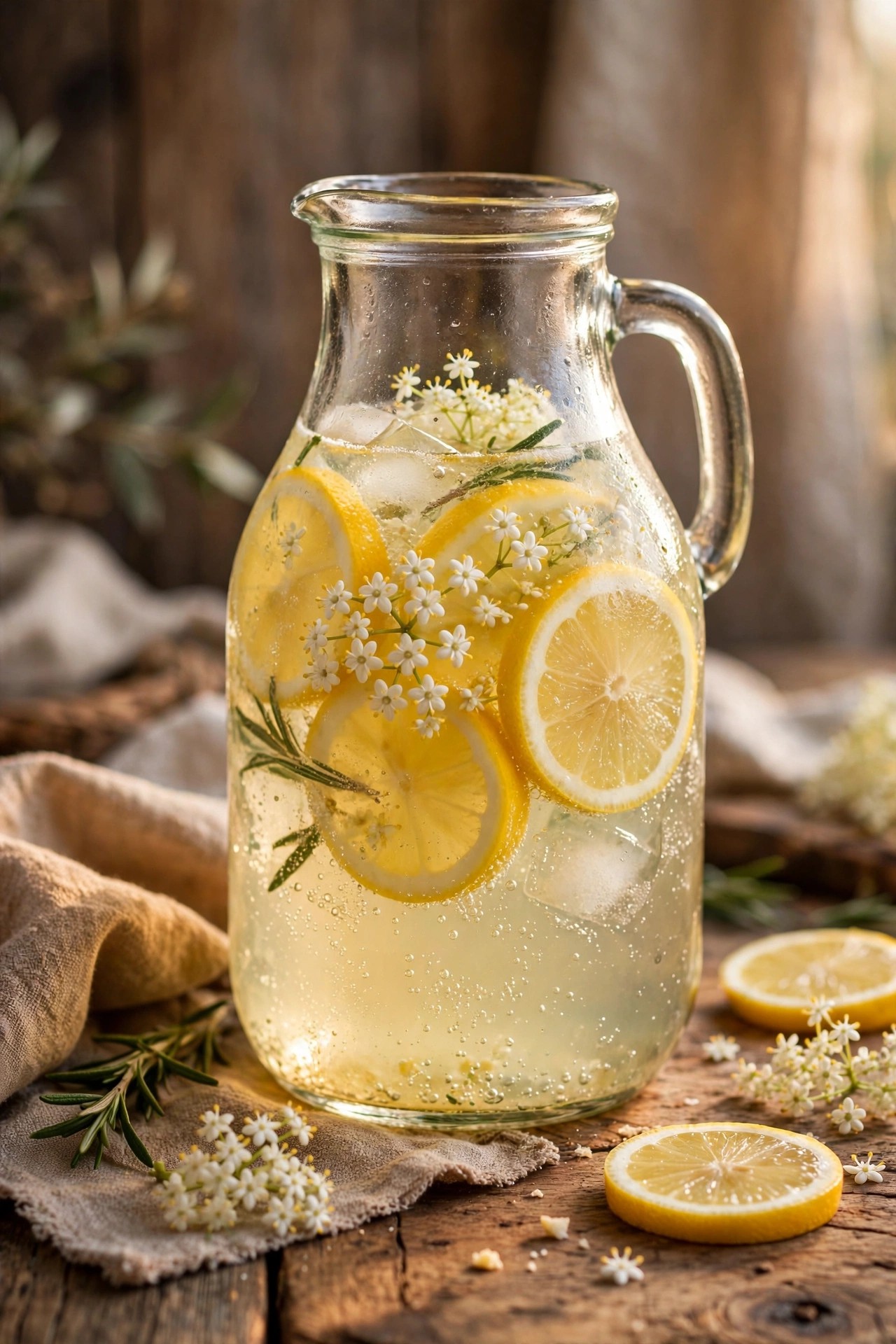 Sparkling elderflower lemonade with lemon slices in a glass jug