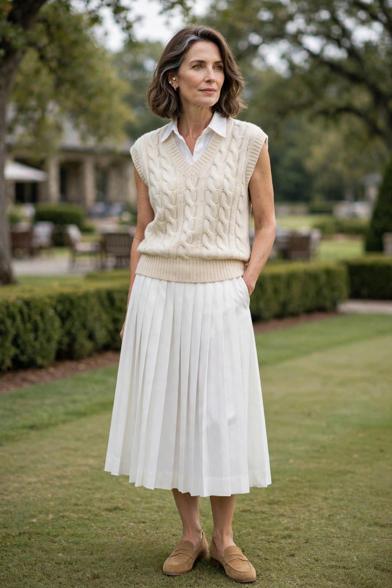 Woman over 50 in cable-knit vest with white pleated skirt and loafers