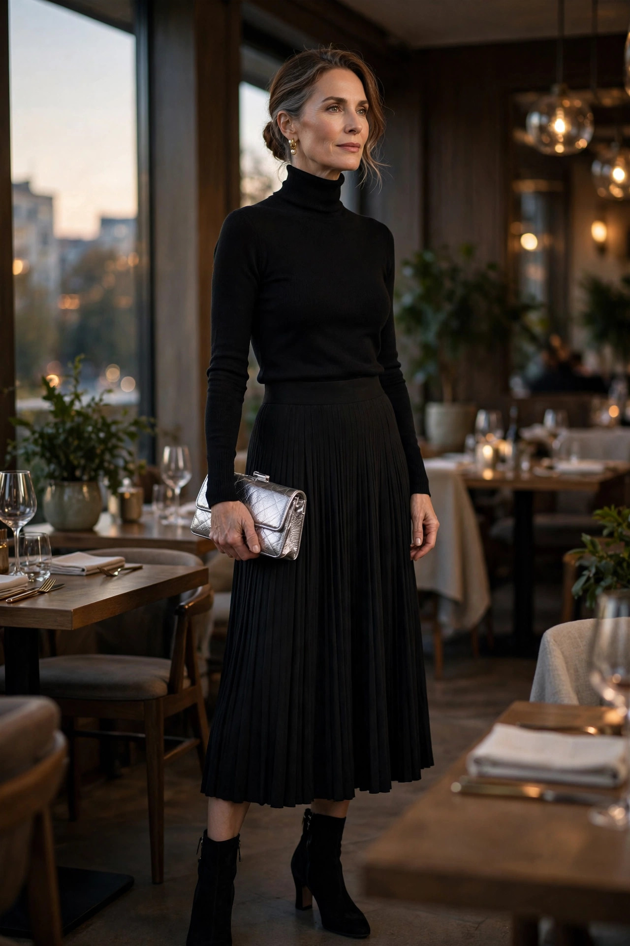 Woman over 50 in black pleated midi skirt with black turtleneck at night