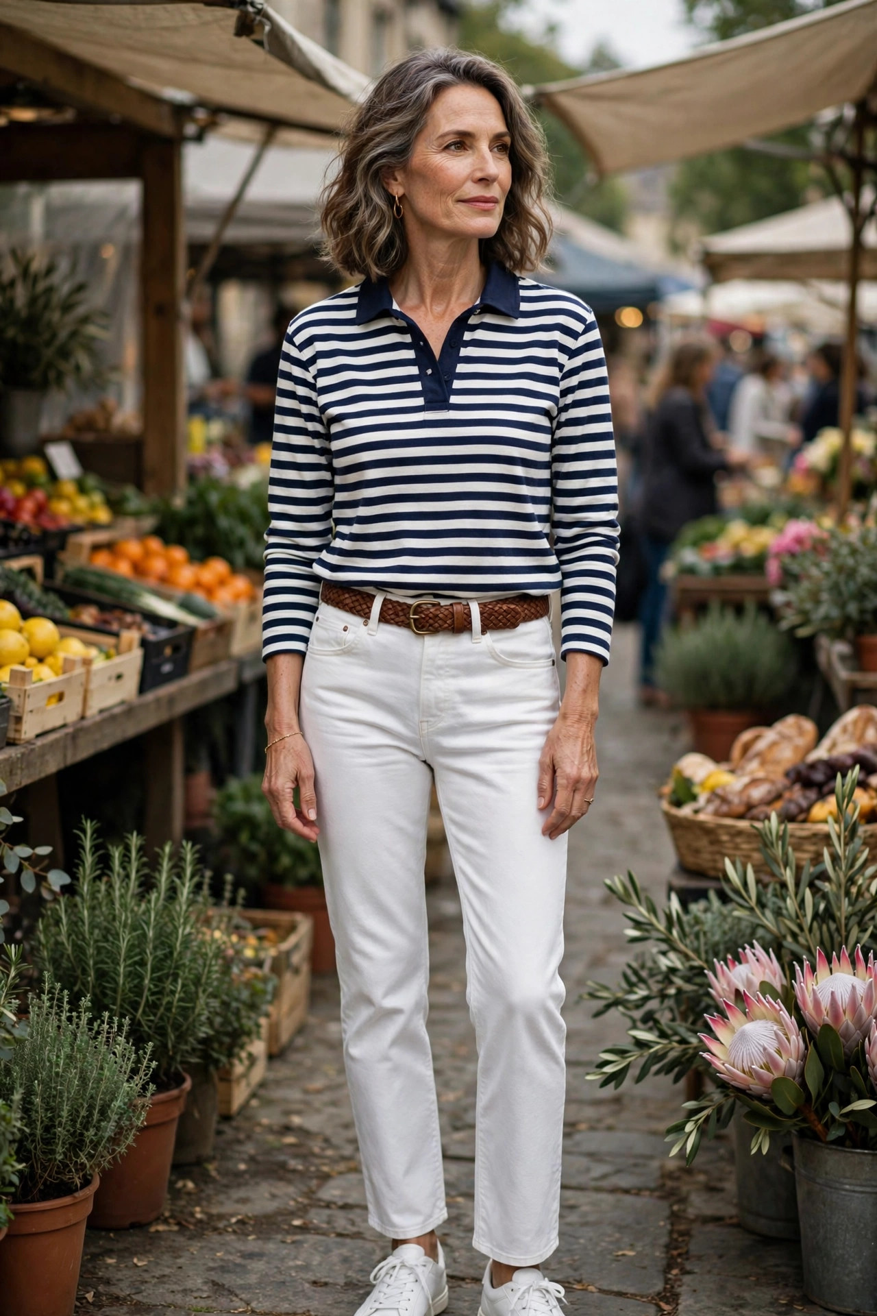Woman over 50 in striped rugby shirt with white jeans