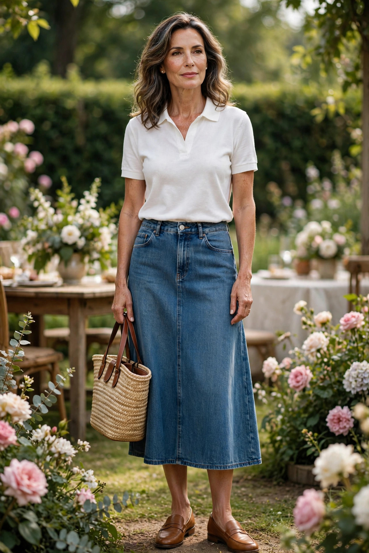 Woman over 50 in white polo with denim midi skirt and loafers