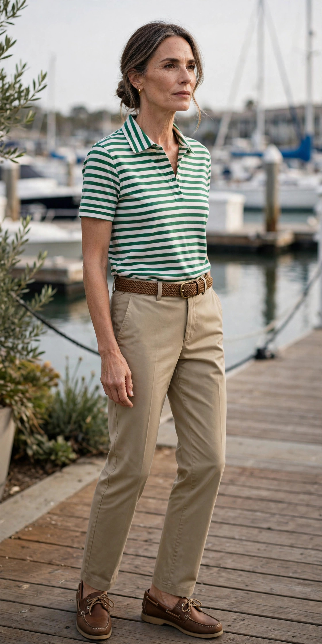 Woman over 50 in striped polo with khaki chinos and boat shoes