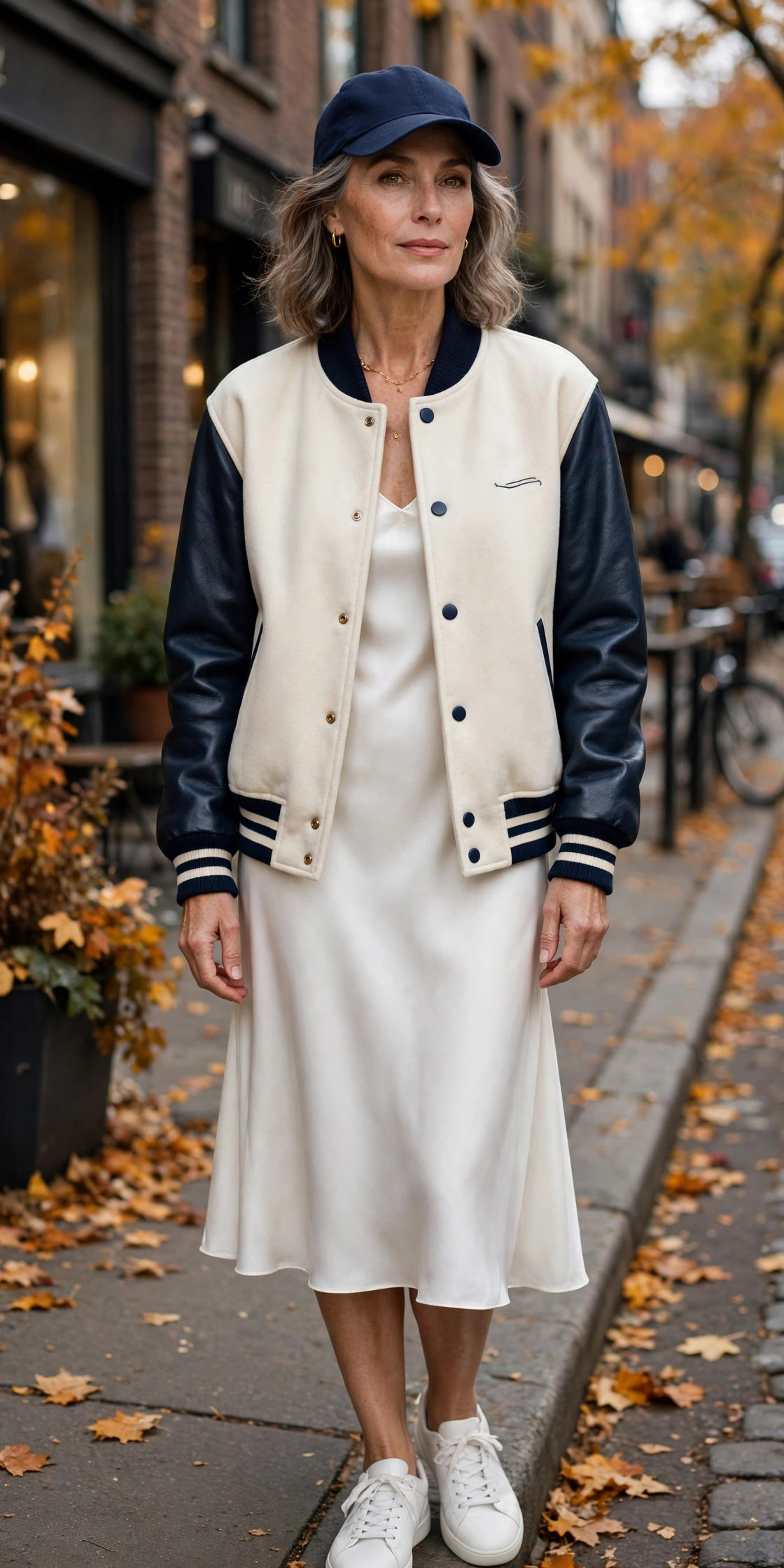 Woman over 50 in varsity jacket over white dress with cap