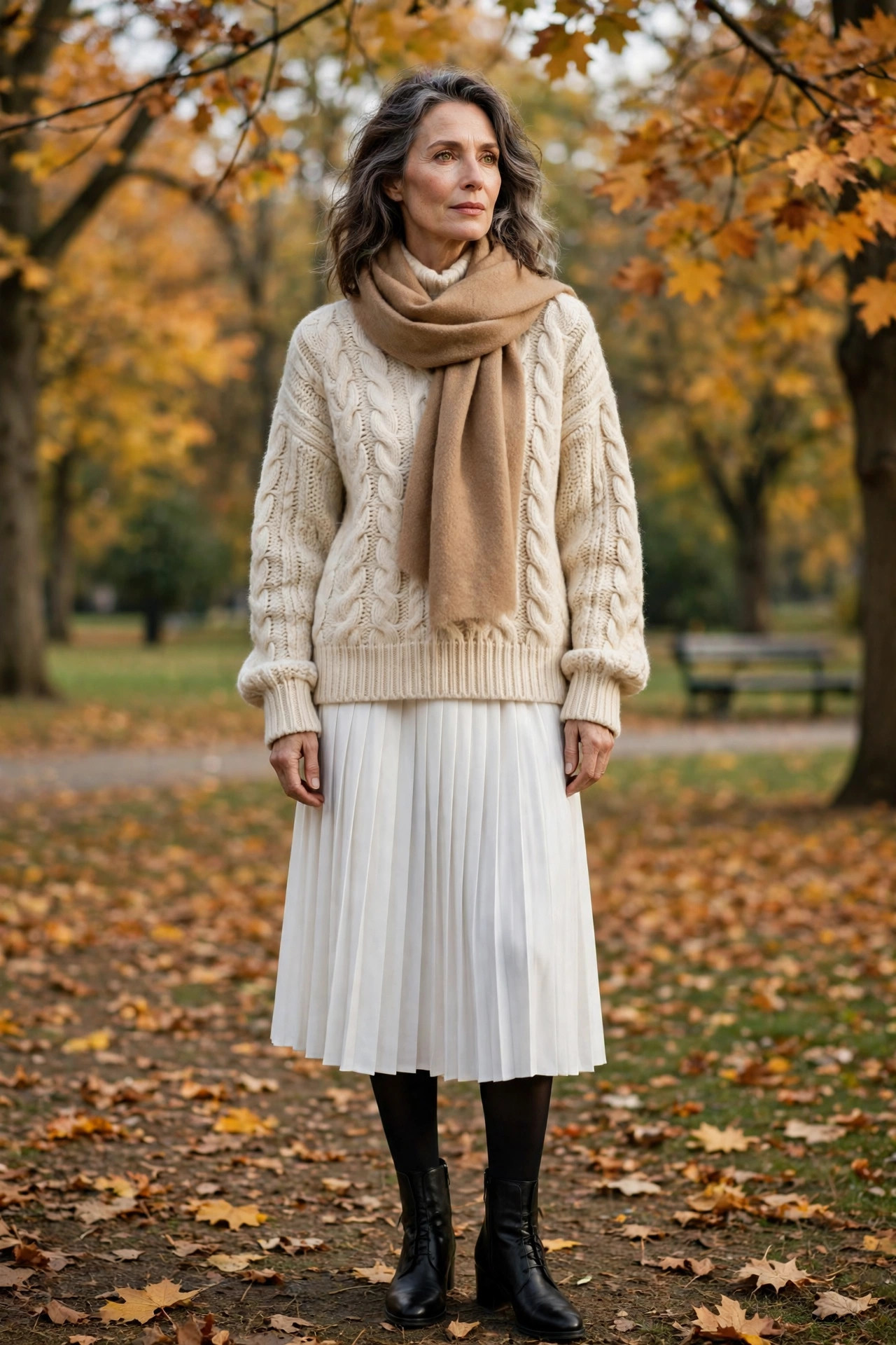 Woman over 50 in pleated skirt with tights and cable-knit sweater in fall