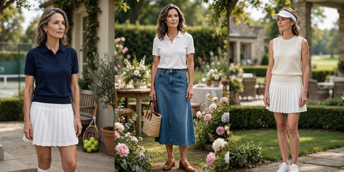 Tenniscore Outfits Over 50: 12 Pleats, Polos & Fresh Whites outfit ideas collage