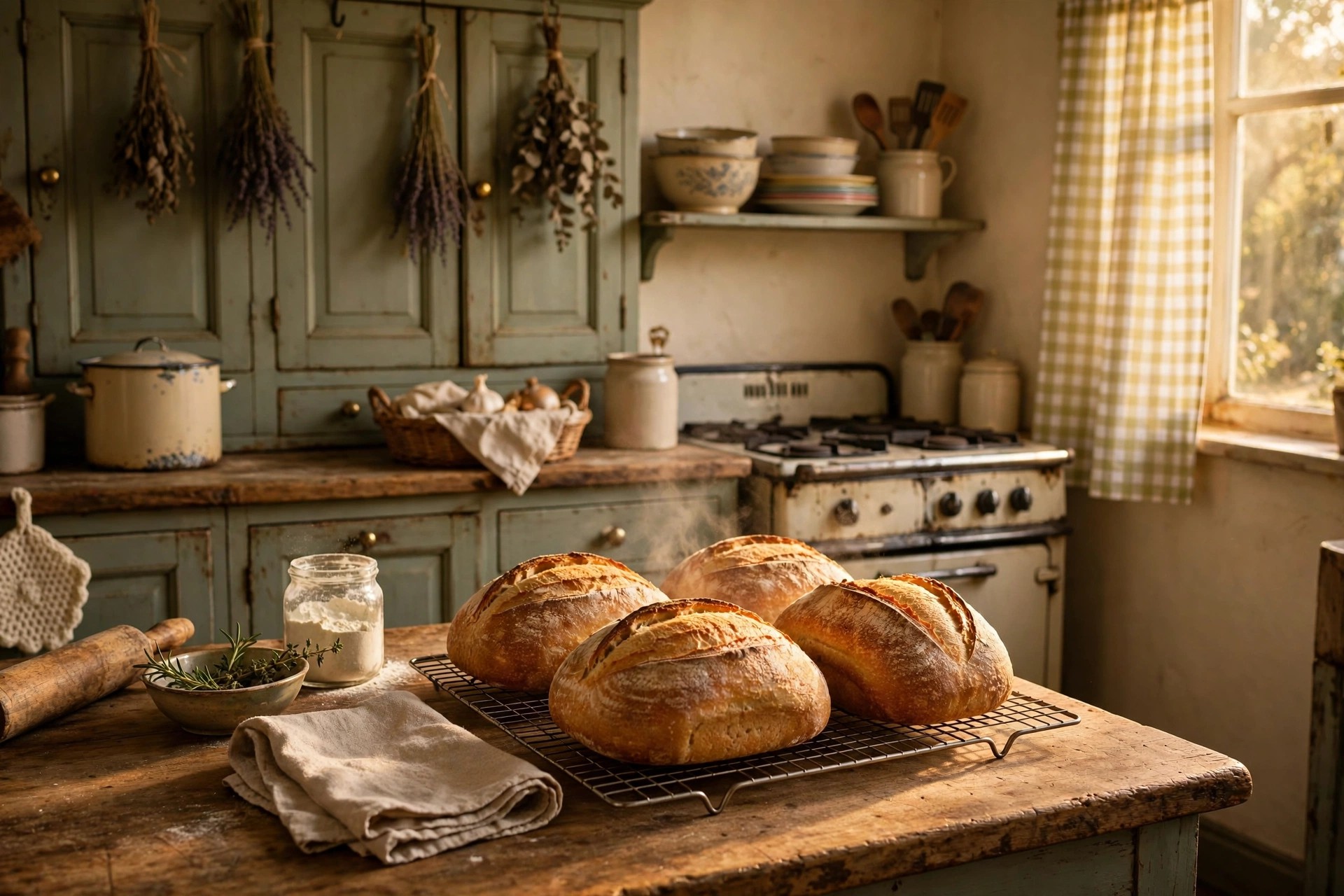 Cozy grandmother's kitchen with fresh baked bread in warm golden light