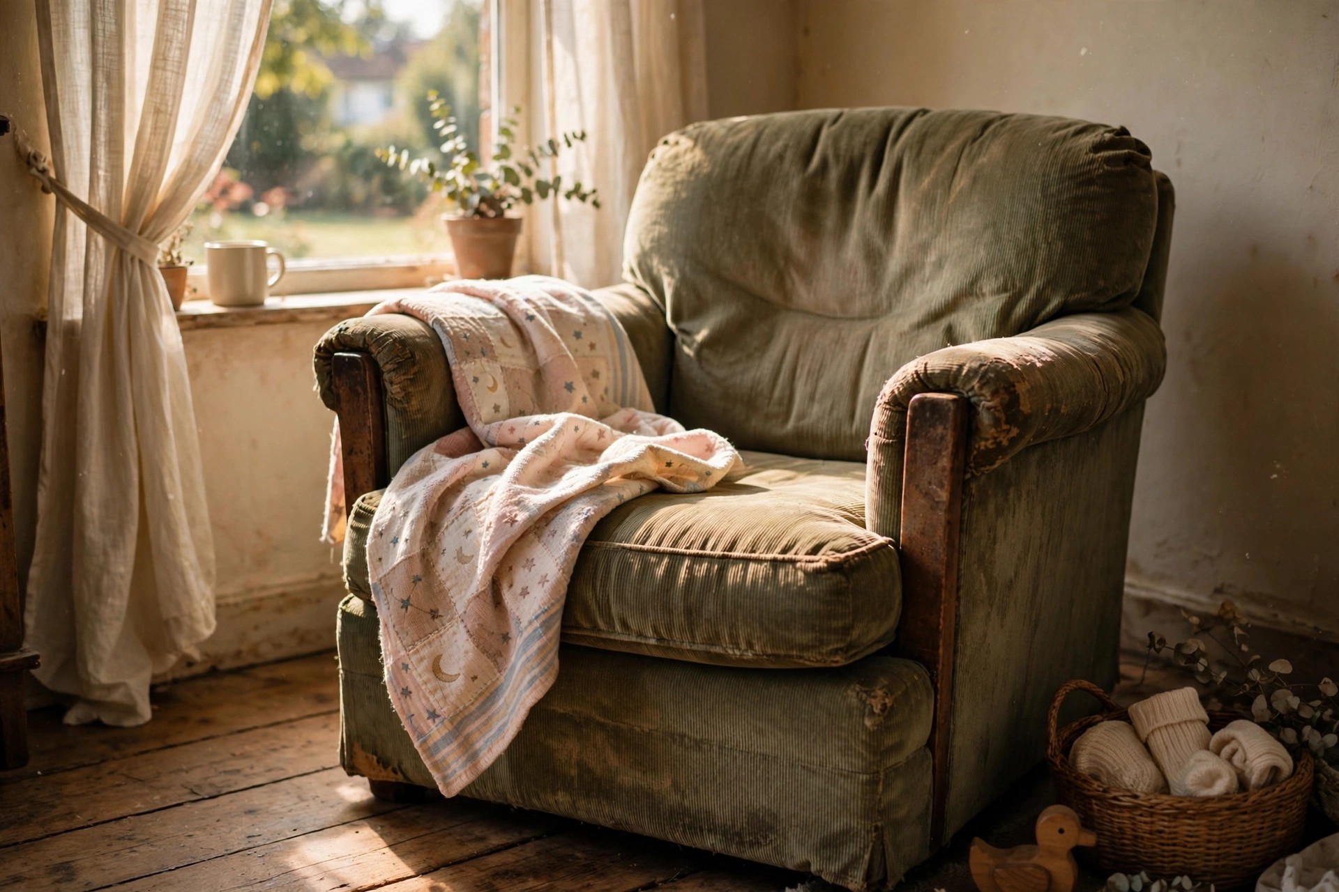 Worn armchair by a sunny window with a child's blanket