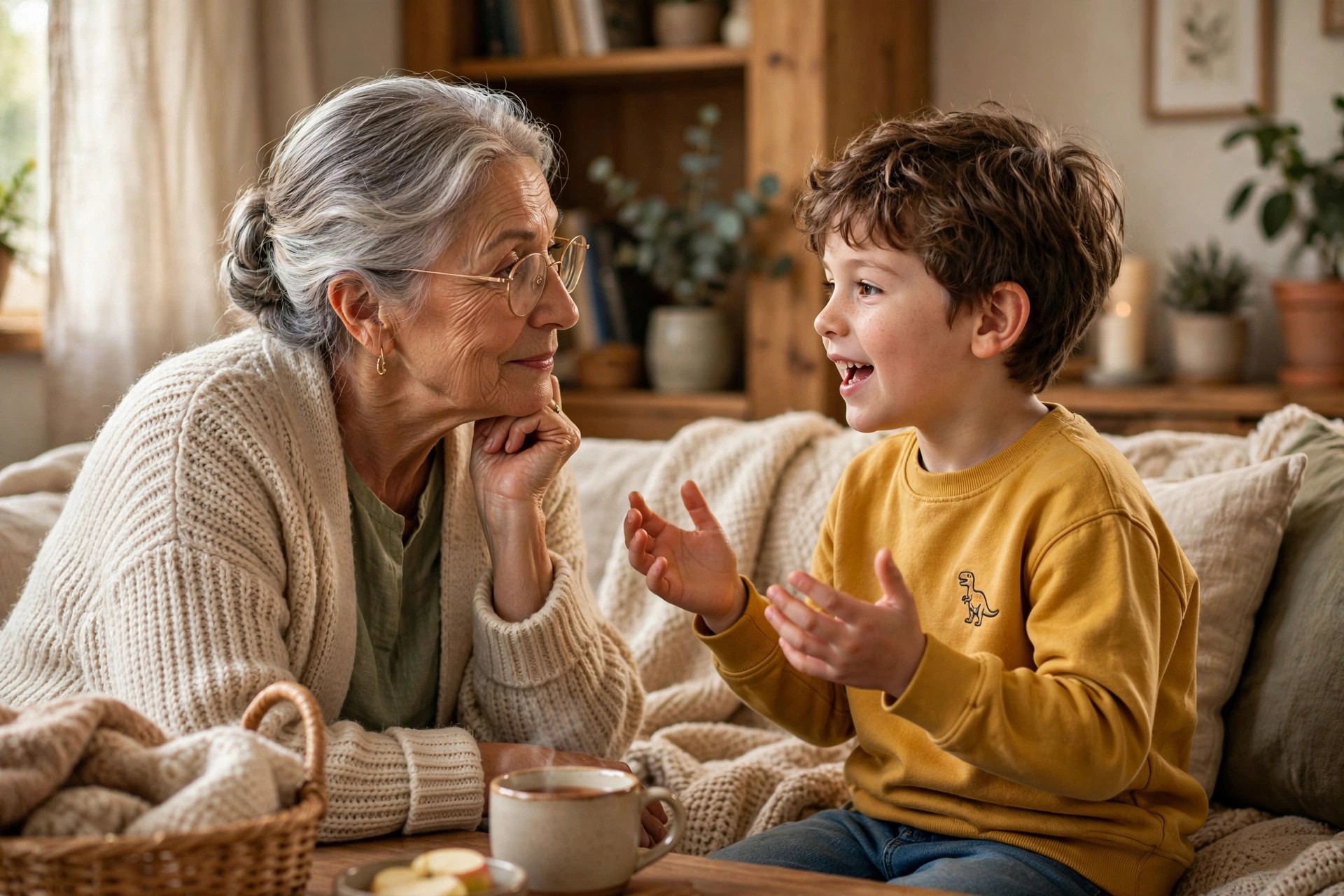 Grandmother listening attentively to a young grandchild telling a story