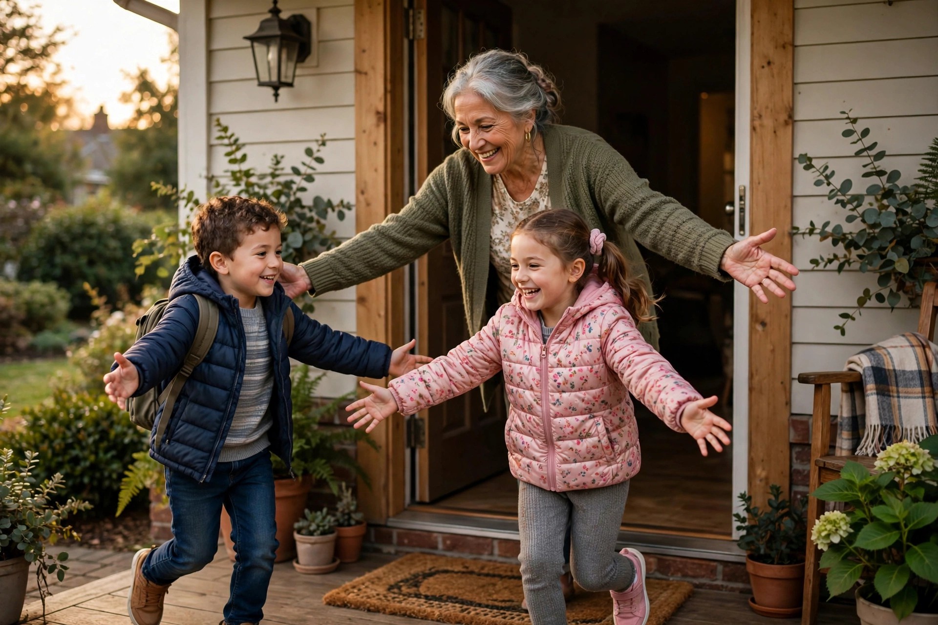 Grandmother greeting grandchildren with open arms at the front door