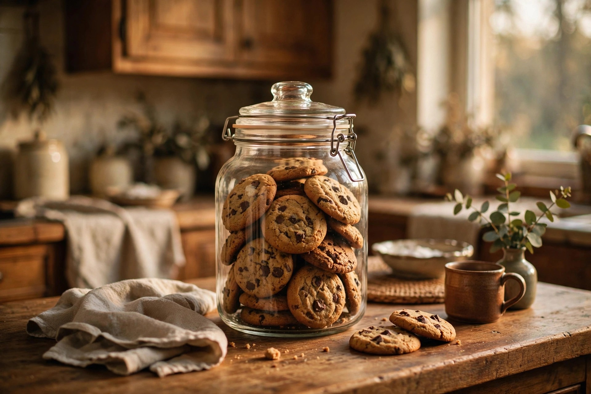 Glass cookie jar full of homemade cookies on a kitchen counter
